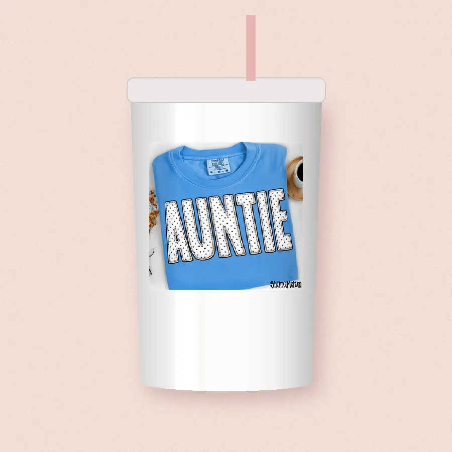 Polka Dot Auntie sublimation design on a skinny tumbler