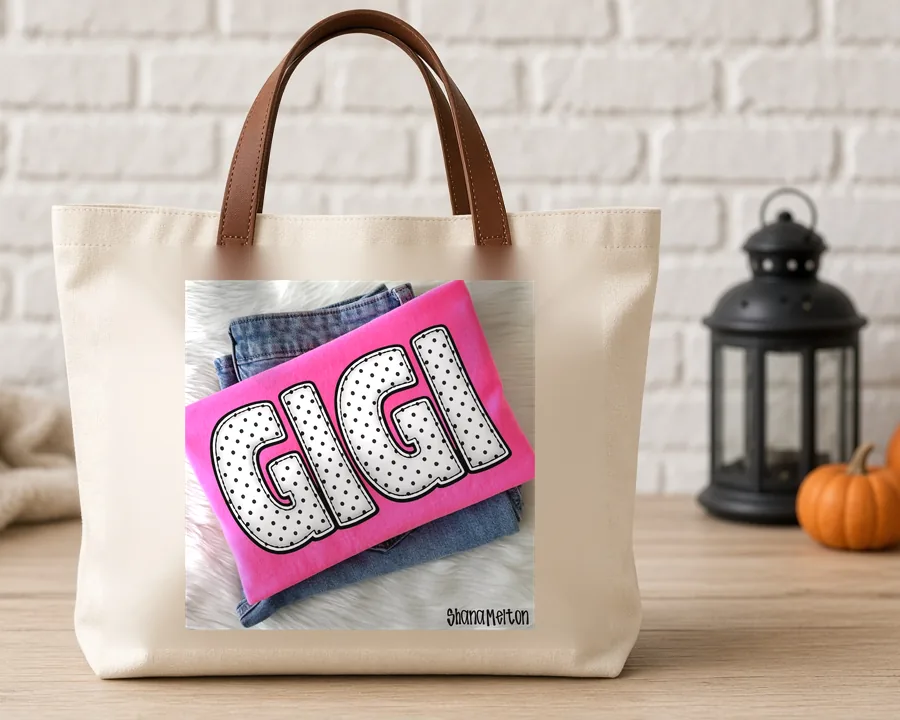 Polka Dot Gigi PNG design on a canvas tote bag