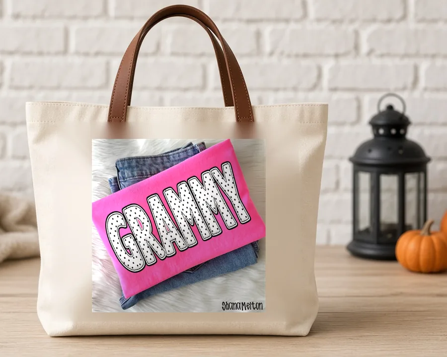 Polka Dot Grammy PNG design on a canvas tote bag