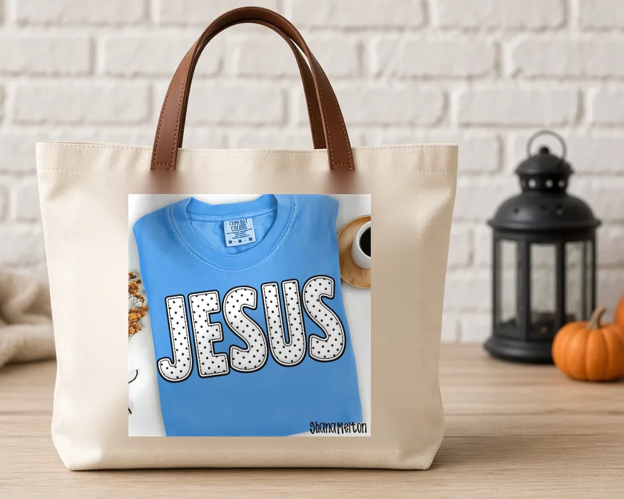 Polka Dot Jesus PNG design on a canvas tote bag