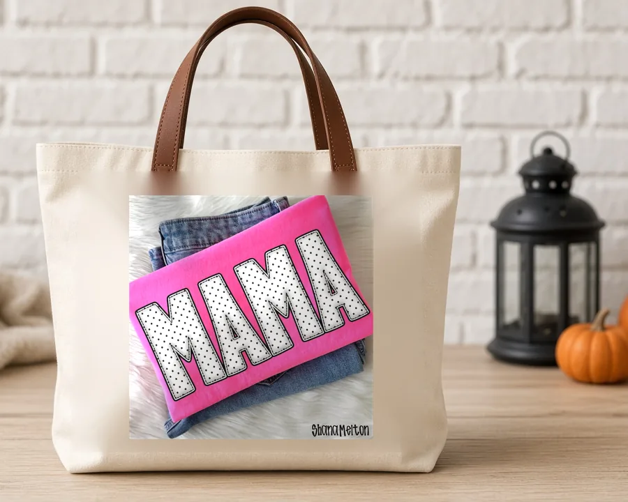 Polka Dot Mama PNG design on a canvas tote bag