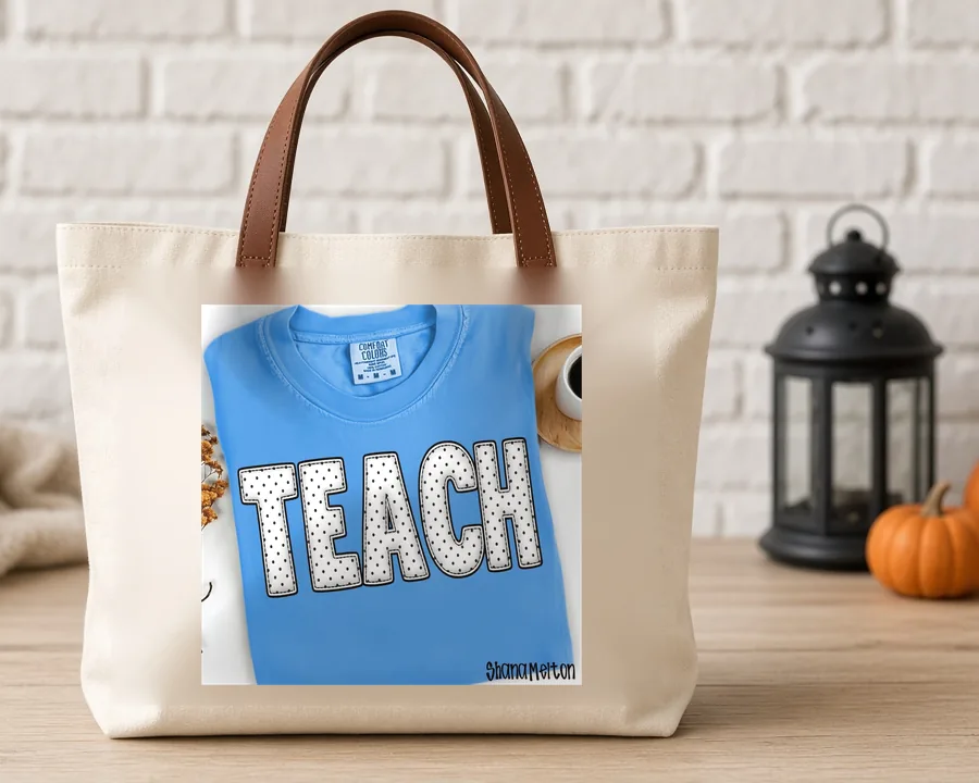 Polka Dot Teach PNG design on a canvas tote bag