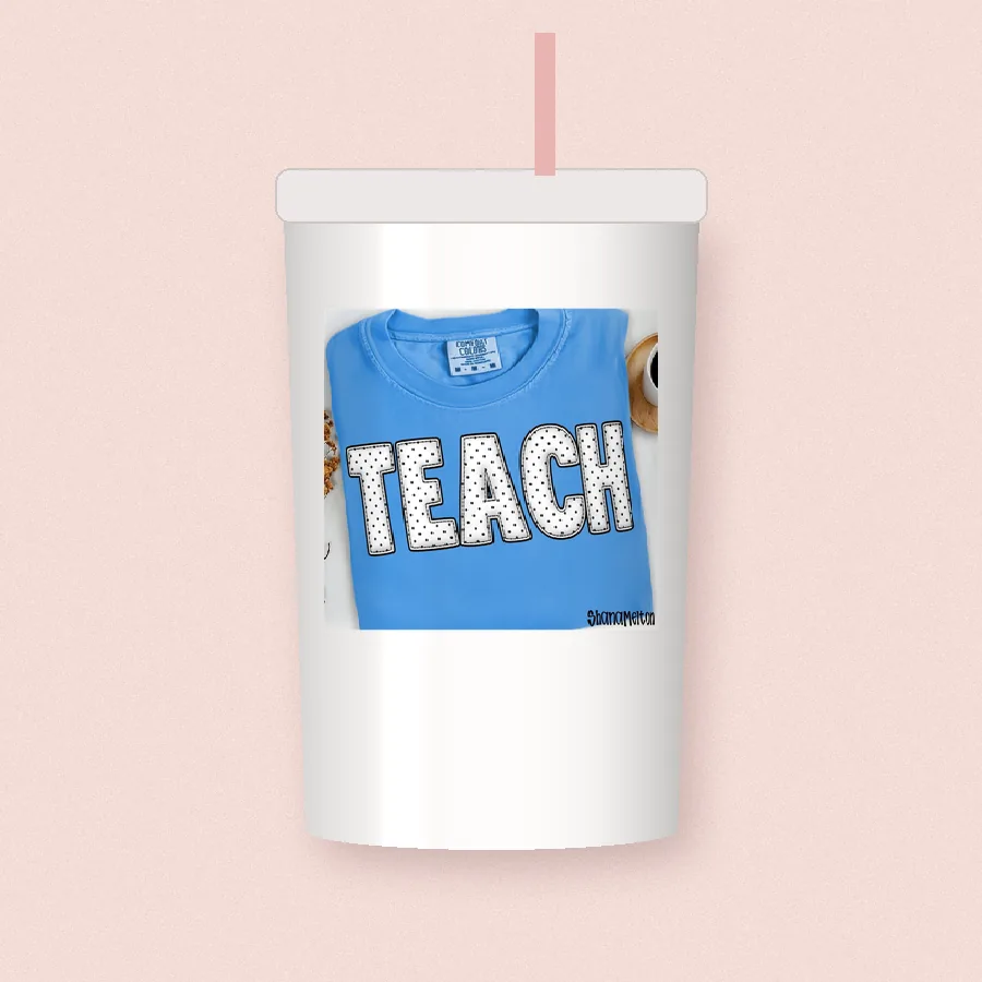 Polka Dot Teach sublimation design on a skinny tumbler