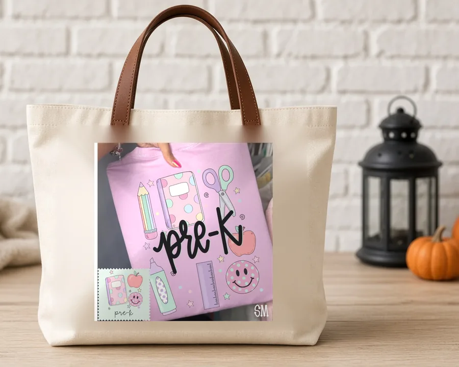 Pre-K Teacher Doodles PNG design on a canvas tote bag