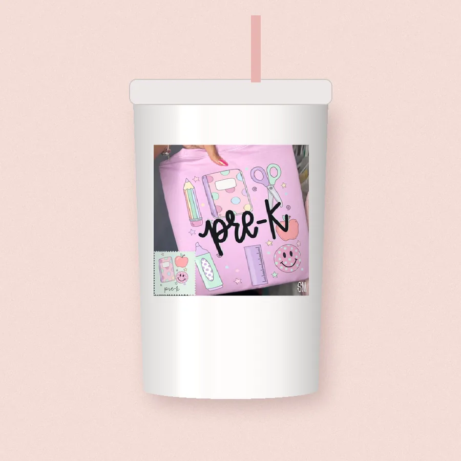 Pre-K Teacher Doodles sublimation design on a skinny tumbler