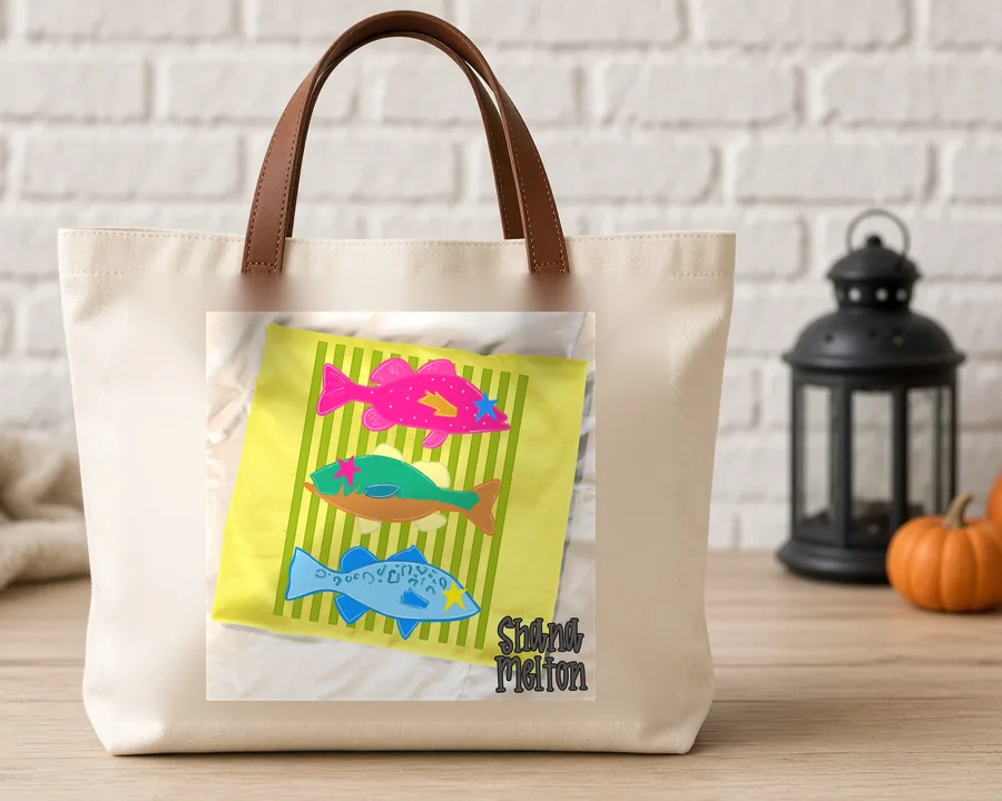 Preppy Fish Doodle PNG design on a canvas tote bag