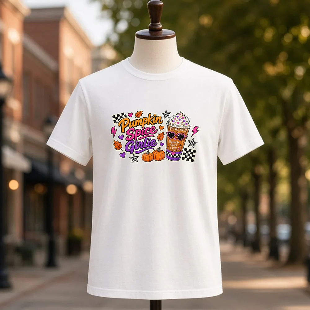 Pumpkin Spice Girlie PNG on a white t-shirt