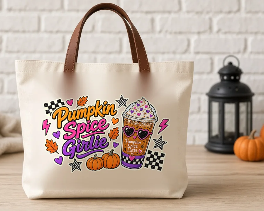 Pumpkin Spice Girlie PNG design on a canvas tote bag