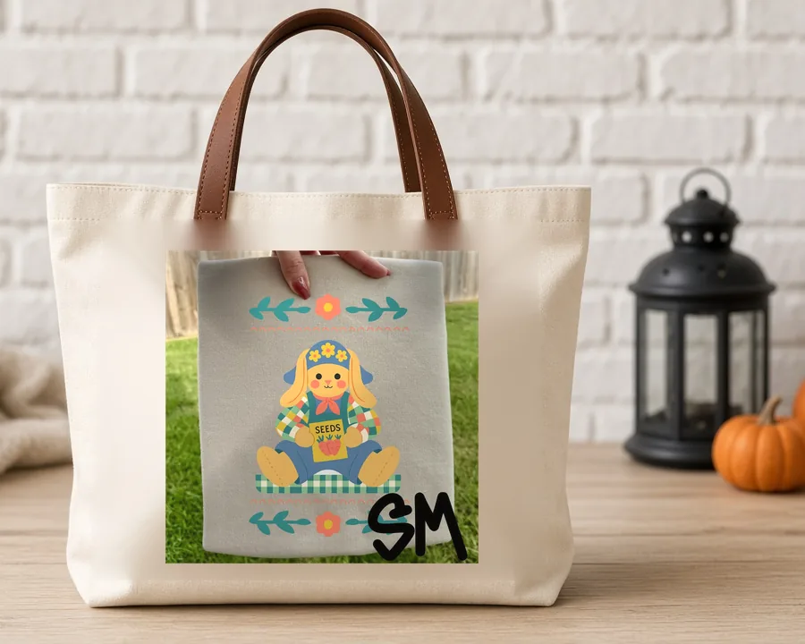 Quilted Bonnet Bunny PNG design on a canvas tote bag