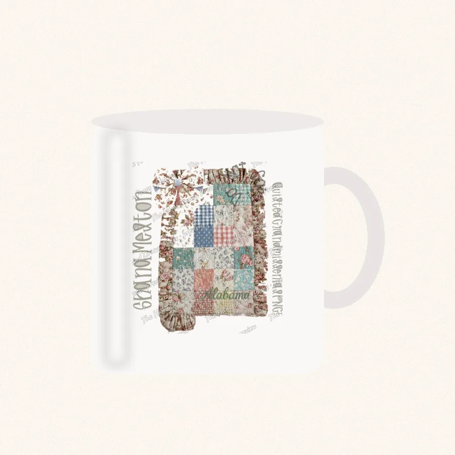 Quilted Ruffle State Patchwork 1 design on a 11 oz mug