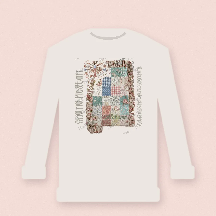 Quilted Ruffle State Patchwork 1 design on a crewneck sweatshirt