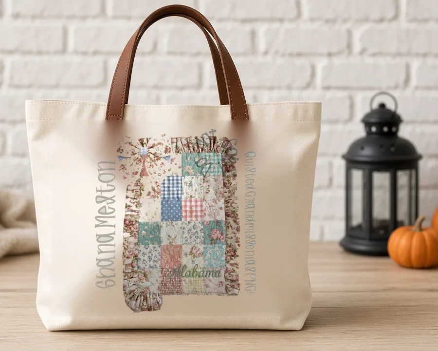 Quilted Ruffle State Patchwork 1 design on a cotton tote bag