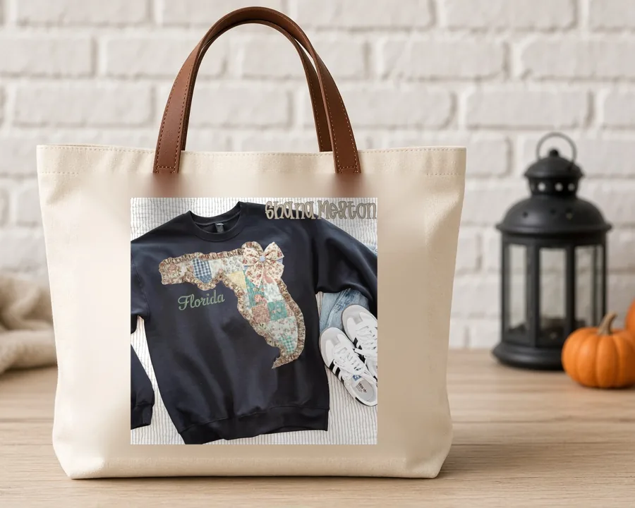 Quilted Ruffle State Patchwork 2 PNG design on a canvas tote bag