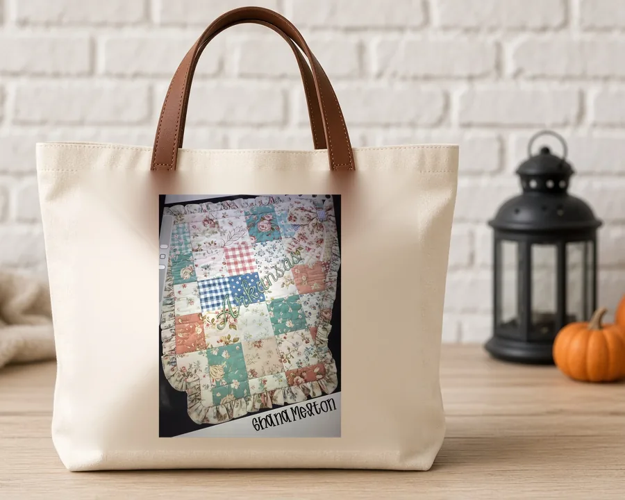 Quilted Ruffle State Patchwork 3 PNG design on a canvas tote bag
