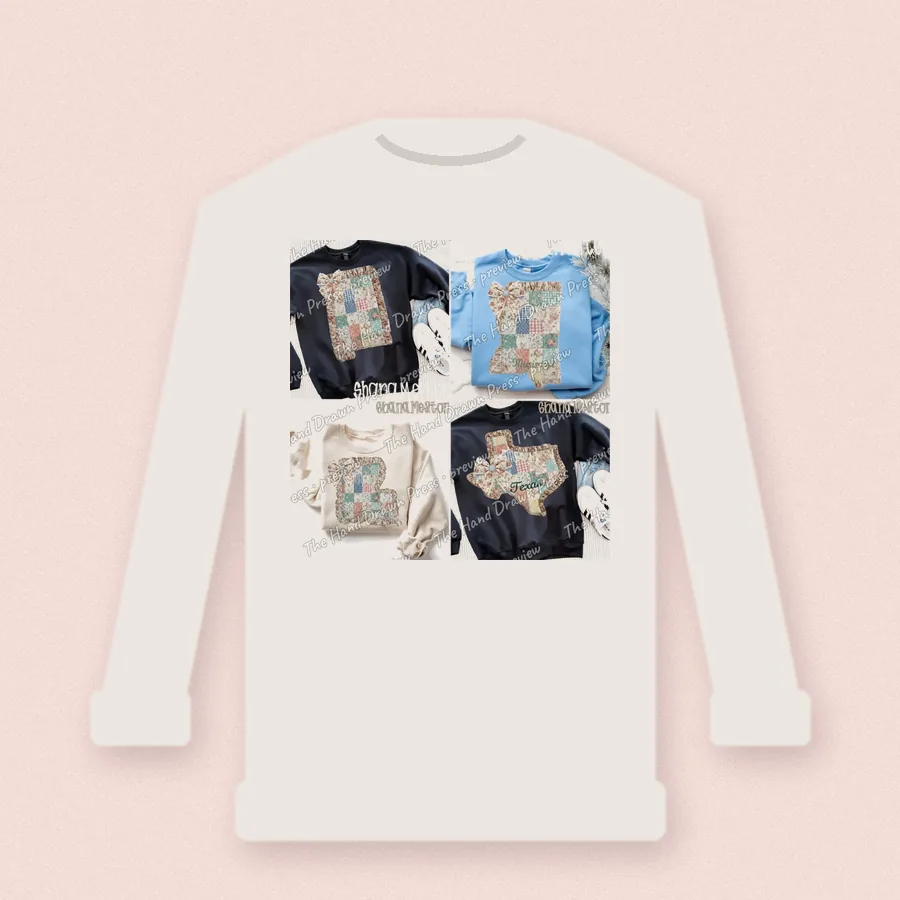 Quilted Ruffle State Patchwork 4 design on a crewneck sweatshirt