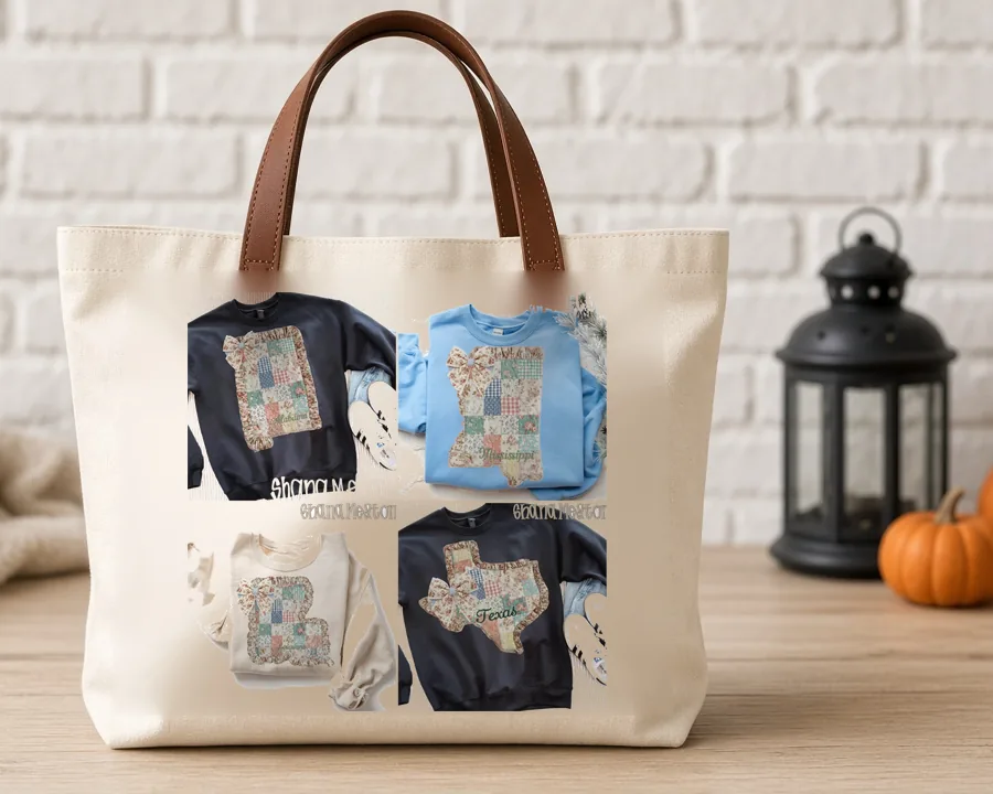 Quilted Ruffle State Patchwork 4 design on a cotton tote bag