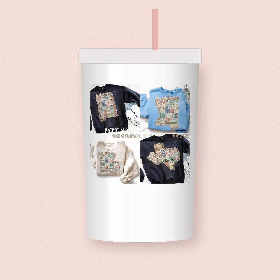Quilted Ruffle State Patchwork 4 design on a 20 oz tumbler