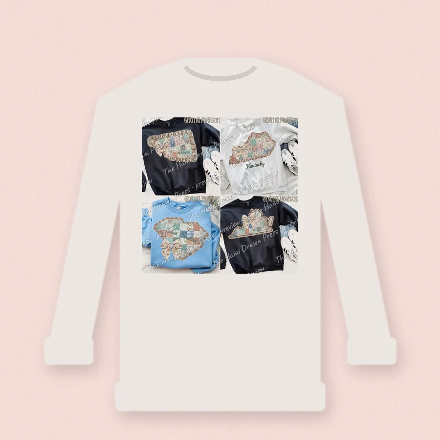 Quilted Ruffle State Patchwork 5 design on a crewneck sweatshirt