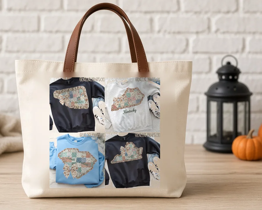 Quilted Ruffle State Patchwork 5 design on a cotton tote bag