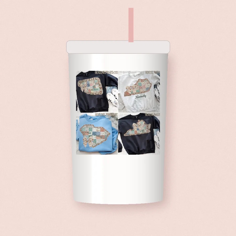Quilted Ruffle State Patchwork 5 design on a 20 oz tumbler