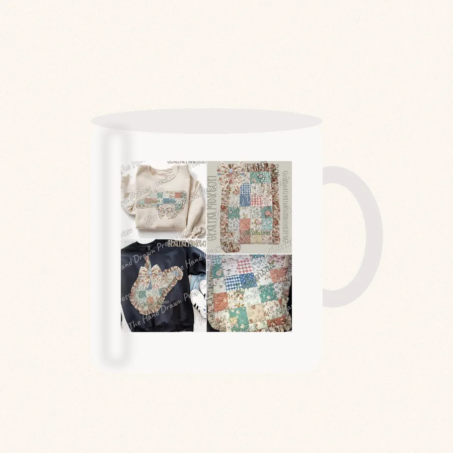 Quilted Ruffle State Patchwork 6 design on a 11 oz mug