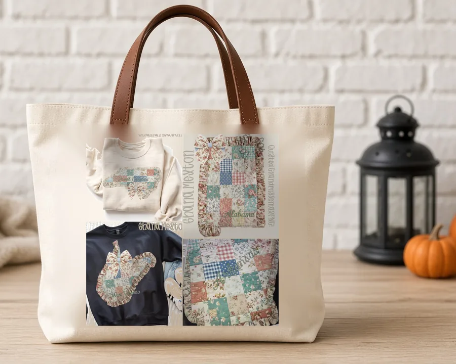 Quilted Ruffle State Patchwork 6 design on a cotton tote bag