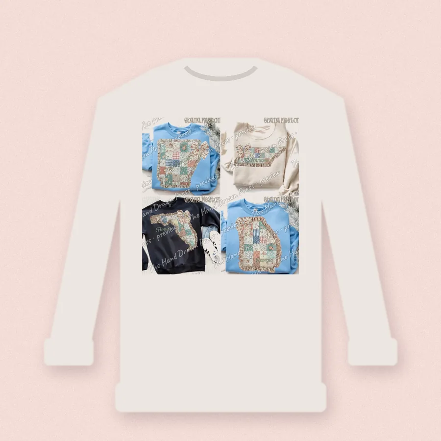 Quilted Ruffle State Patchwork 7 design on a crewneck sweatshirt