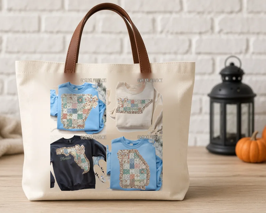 Quilted Ruffle State Patchwork 7 design on a cotton tote bag