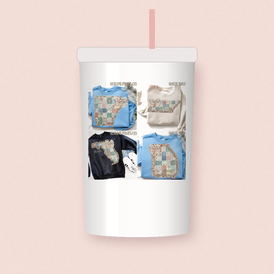 Quilted Ruffle State Patchwork 7 design on a 20 oz tumbler
