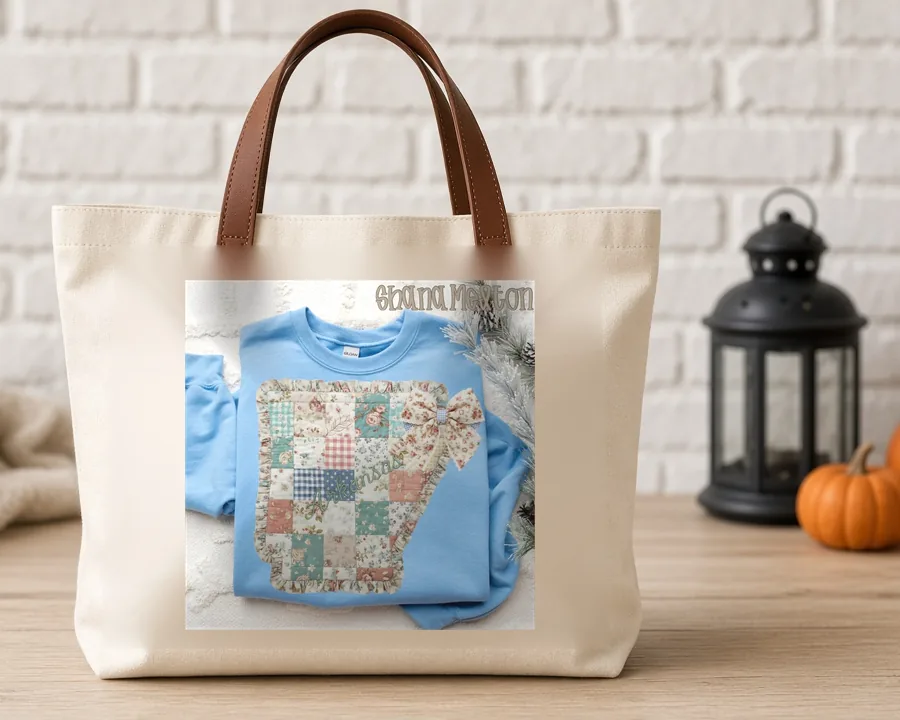 Quilted Ruffle State Patchwork 8 PNG design on a canvas tote bag