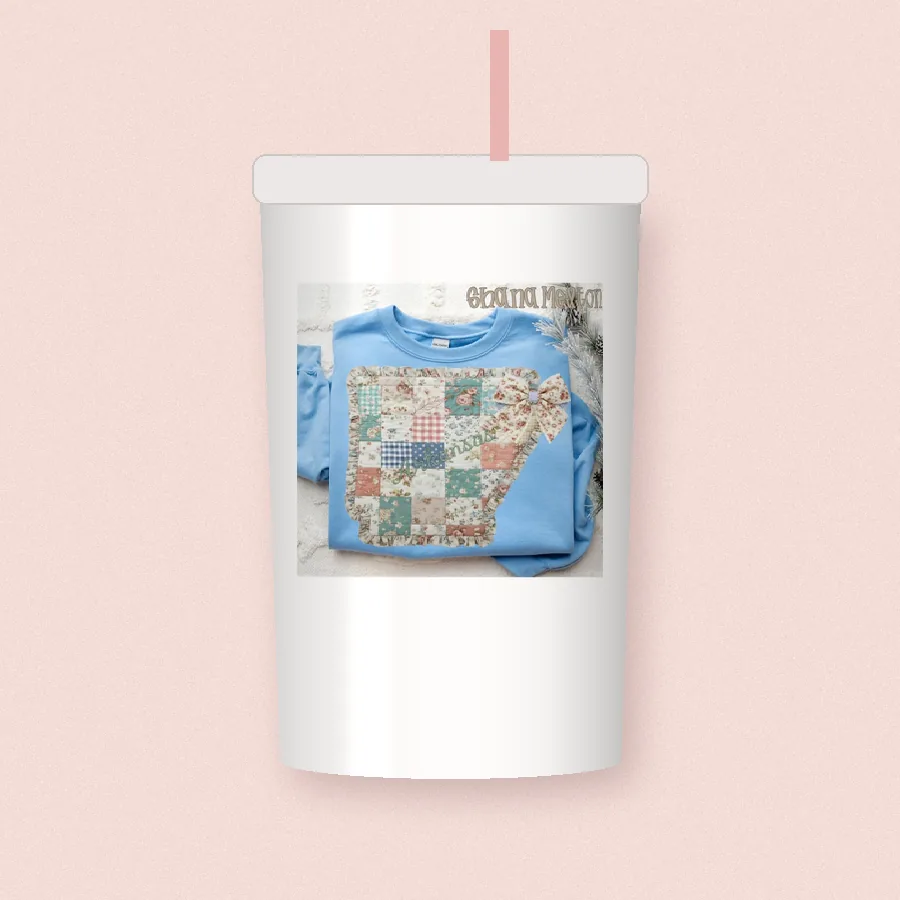 Quilted Ruffle State Patchwork 8 sublimation design on a skinny tumbler