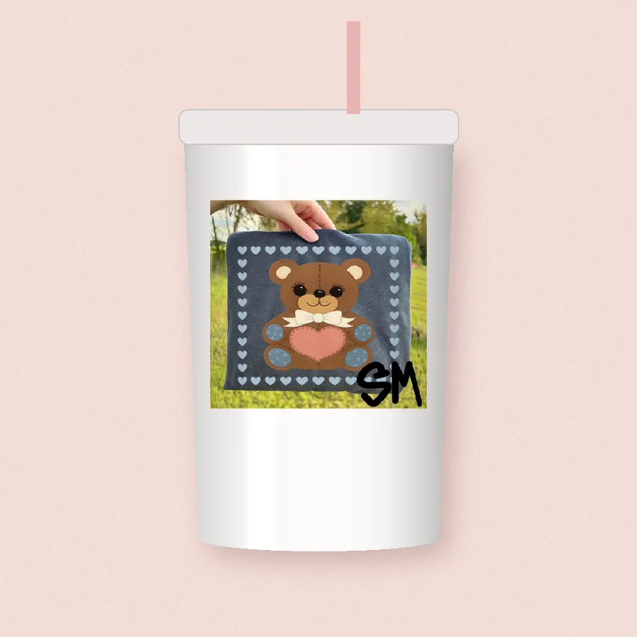 Quilted Teddy Bear Hearts sublimation design on a skinny tumbler
