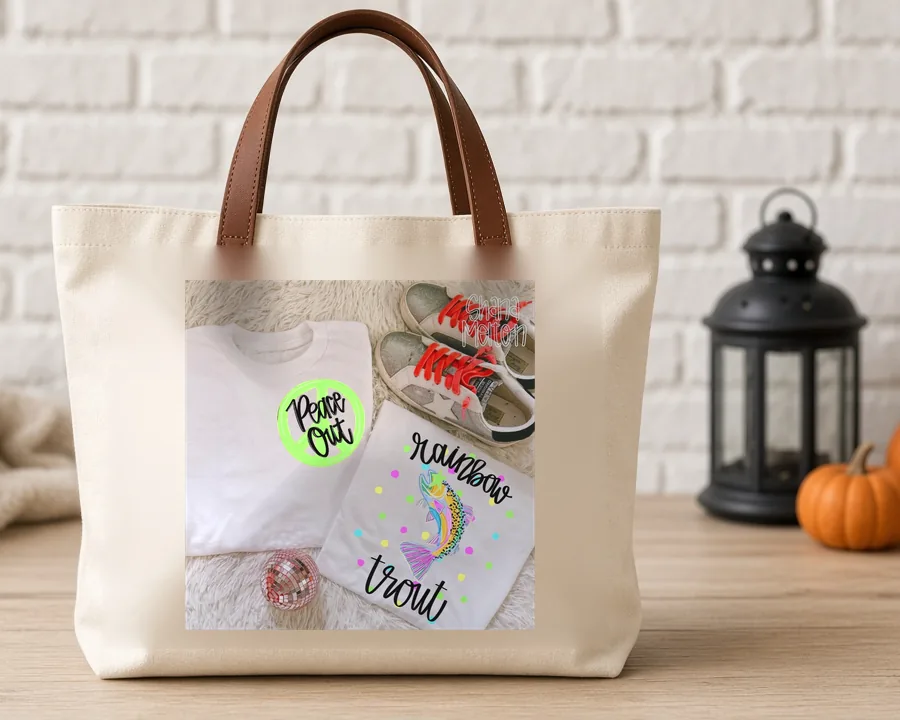 Rainbow Unicorn Roll Out PNG design on a canvas tote bag