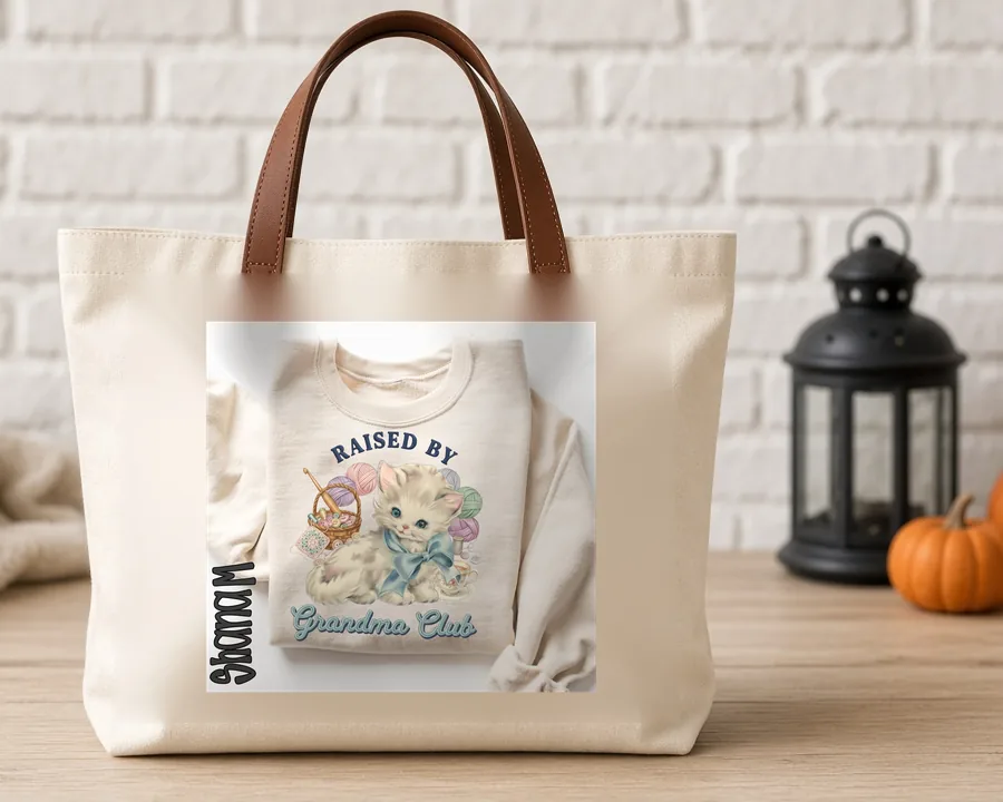 Raised by Grandma Club PNG design on a canvas tote bag