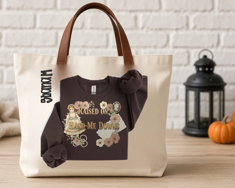 Raised on Hand Me Downs design on a cotton tote bag