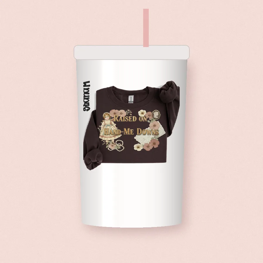 Raised on Hand Me Downs design on a 20 oz tumbler