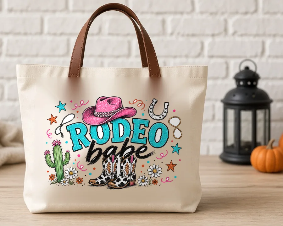 Rodeo Babe Western PNG design on a canvas tote bag