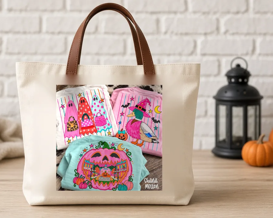 Sassy Spooky Witch Duck PNG design on a canvas tote bag