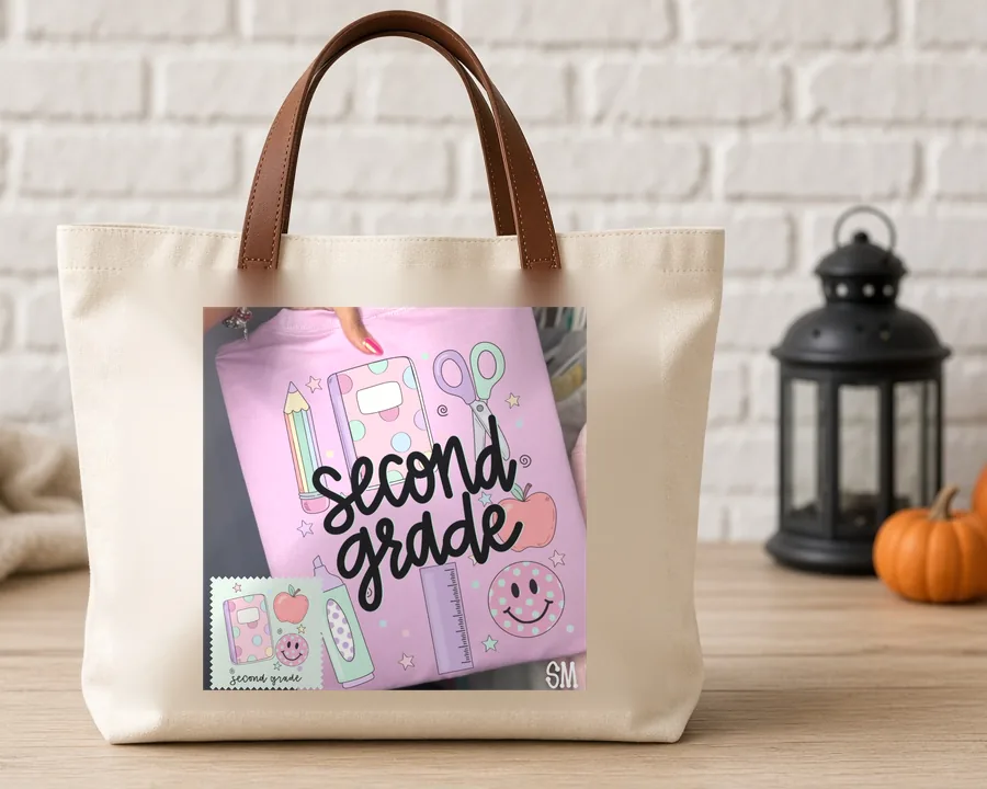 Second Grade Teacher Doodles PNG design on a canvas tote bag