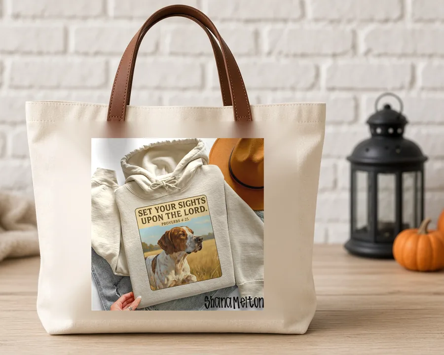 Set Your Sights Upon the Lord PNG design on a canvas tote bag