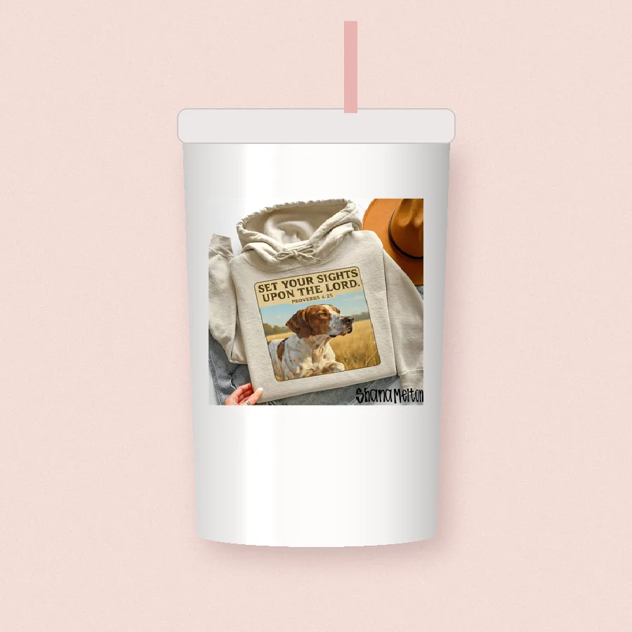Set Your Sights Upon the Lord sublimation design on a skinny tumbler