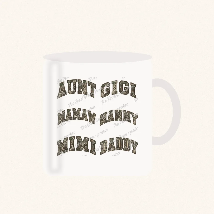 Sherpa Camo Aunt Gigi Nanny design on a 11 oz mug