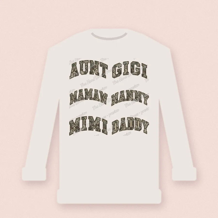 Sherpa Camo Aunt Gigi Nanny design on a crewneck sweatshirt