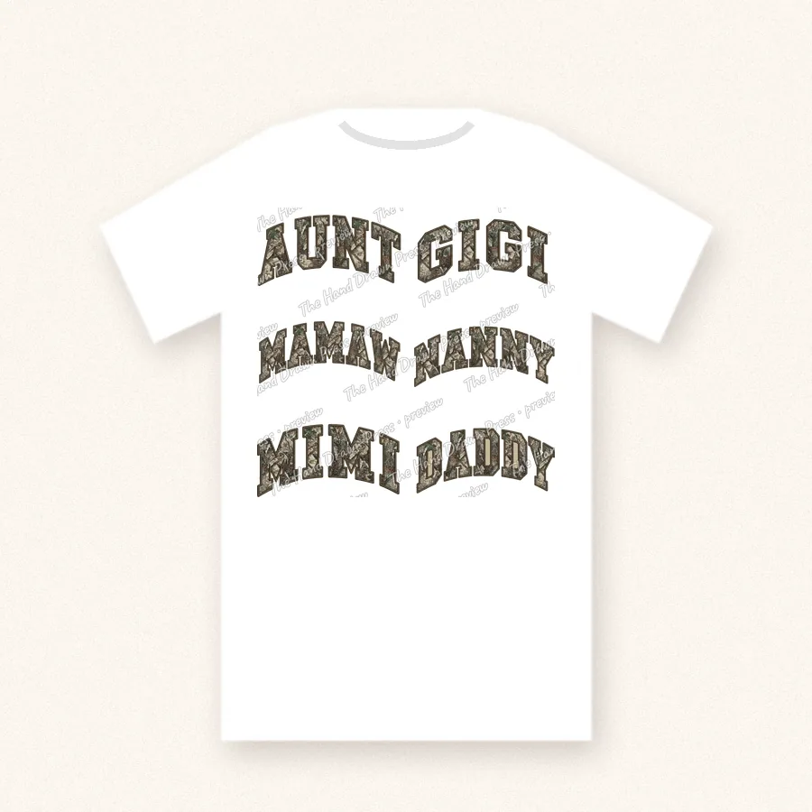 Sherpa Camo Aunt Gigi Nanny design on a unisex t-shirt