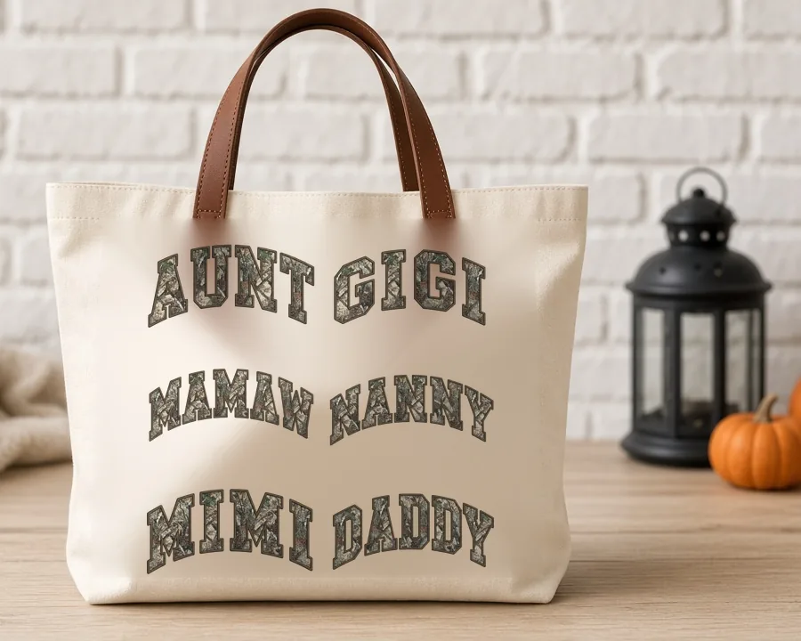 Sherpa Camo Aunt Gigi Nanny design on a cotton tote bag