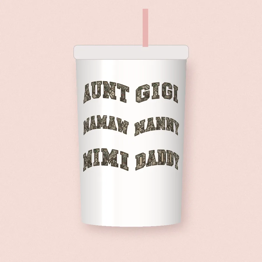 Sherpa Camo Aunt Gigi Nanny design on a 20 oz tumbler