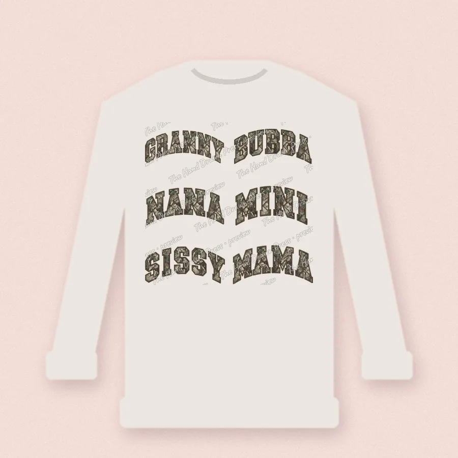 Sherpa Camo Granny Nana Sissy design on a crewneck sweatshirt