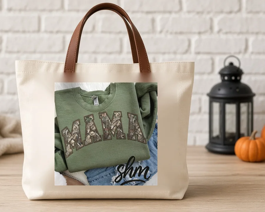 Sherpa Camo Mama PNG design on a canvas tote bag