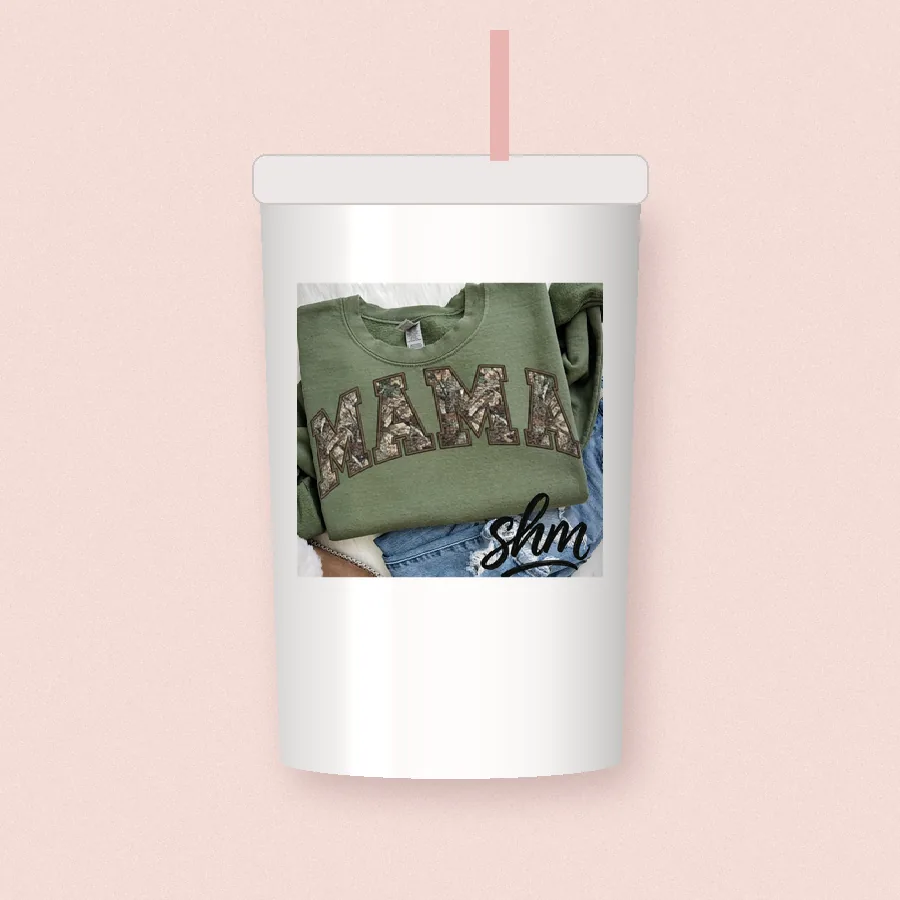 Sherpa Camo Mama sublimation design on a skinny tumbler