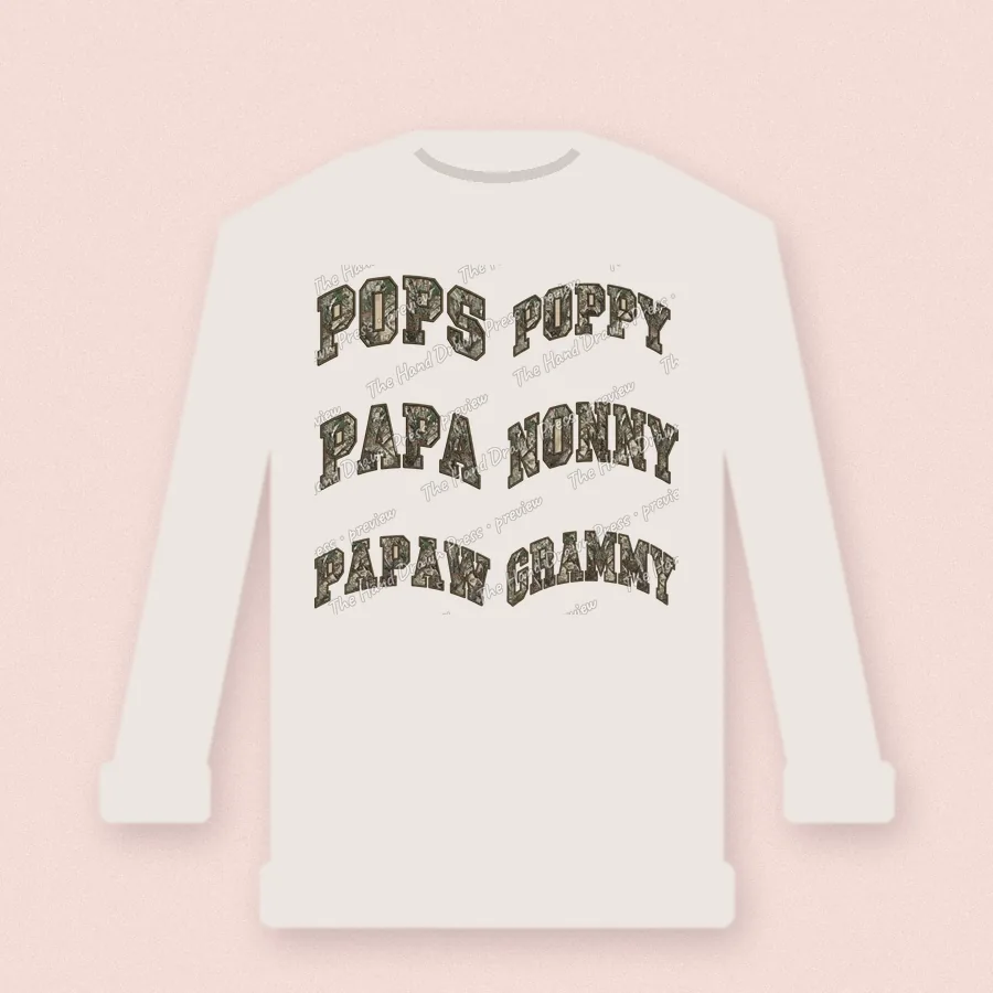 Sherpa Camo Pops Papa Mimi design on a crewneck sweatshirt